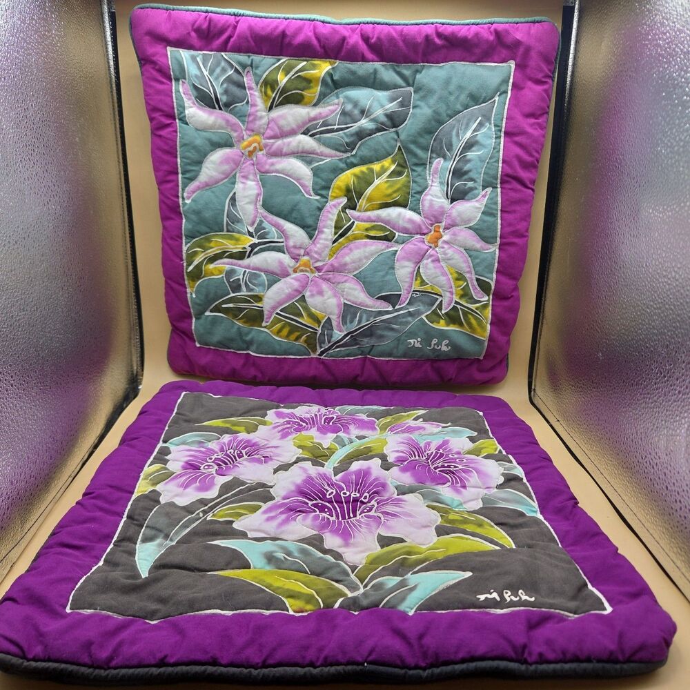 Hawaiian Batik Pillow Covers Hand Painted Set 2 Vintage 80s Purple Floral Island